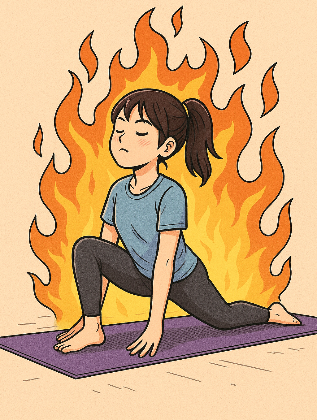 figura in stile manga che pratica ashwa sanchalanasana con respiro ujjayi bhramara yoga