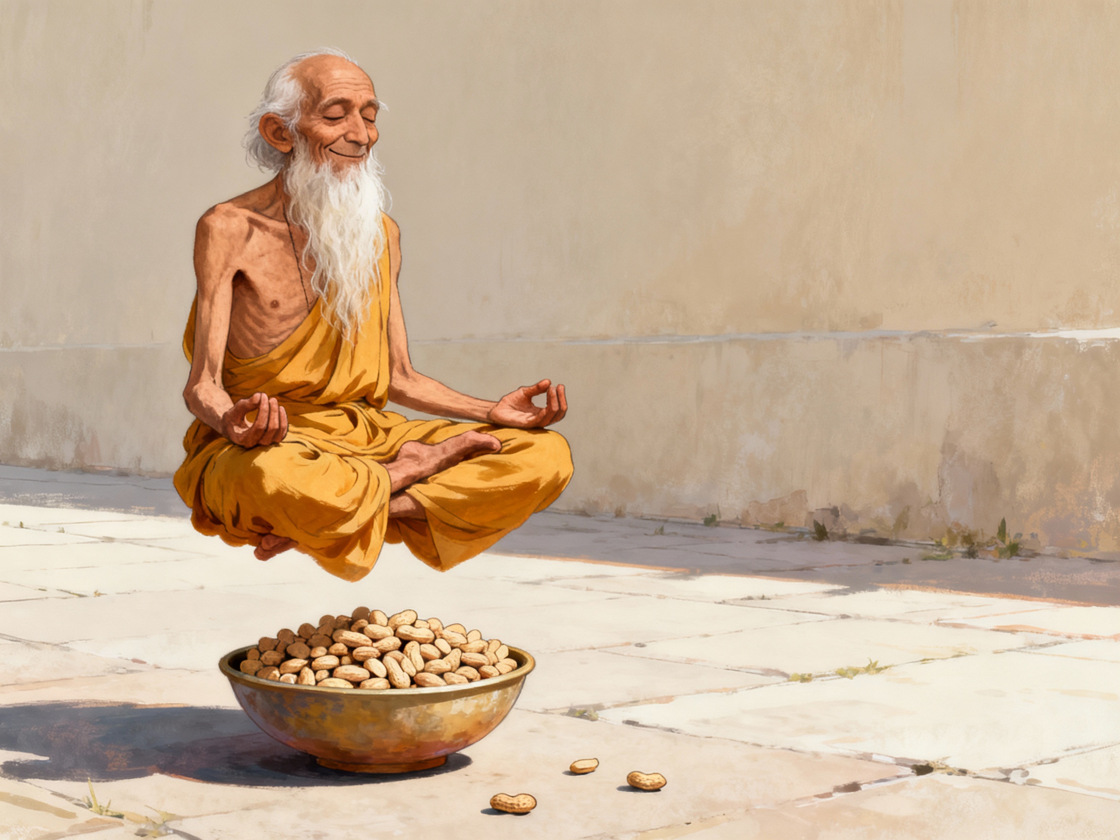 immagine di un vecchio yogin levita sopra una ciotola di noccioline bhramara yoga firenze